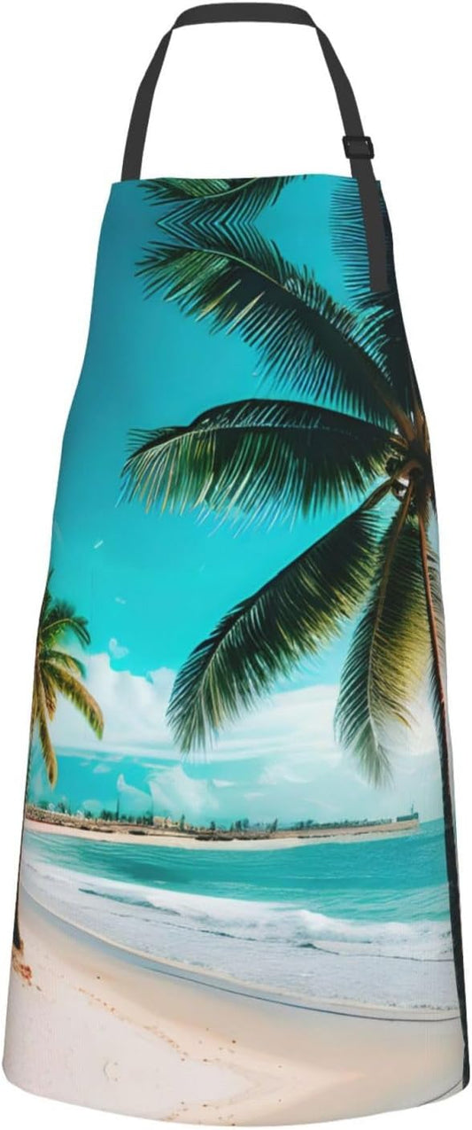 Beach Palm Trees print Waterproof chef's apron with pocket apron for kitchen cooking baking barbecue and gardening