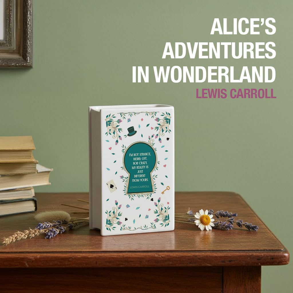 H&H Alice's Adventures in Wonderland Book Vase for Flowers + Bookmark - Lewis Carroll - Large Ceramic Book Planter Pot - Alice in Wonderland Bookish Decor - Bookish Gifts - Bookshelf Vase for Flowers