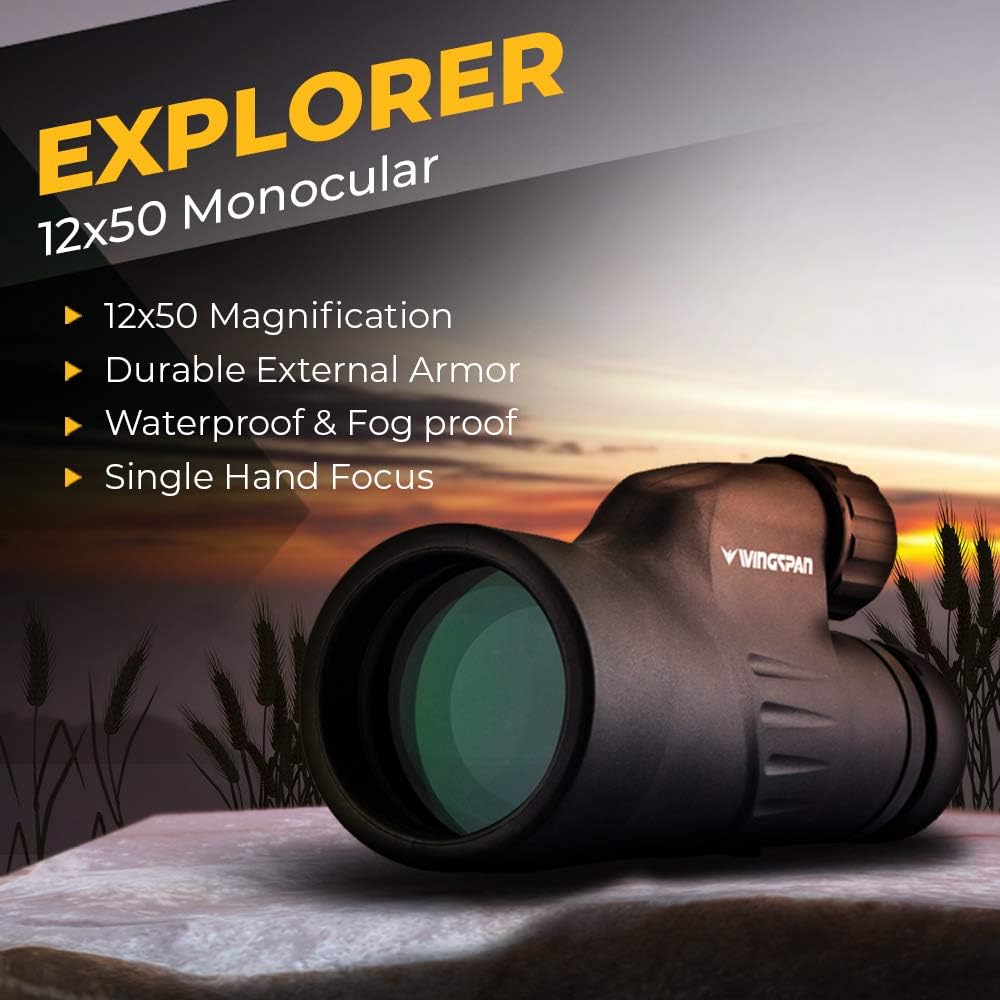 Wingspan Optics Explorer High Powered 12X50 Monocular. Bright and Clea