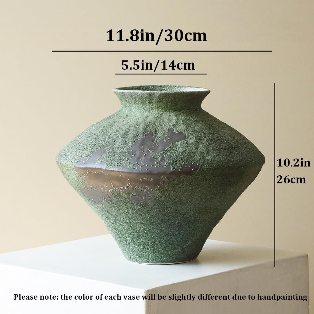 Large Green Rustic Ceramic Flower Vase Wabi Sabi Stoneware Planter Pot for Garden Home Decor Farmhouse Decor