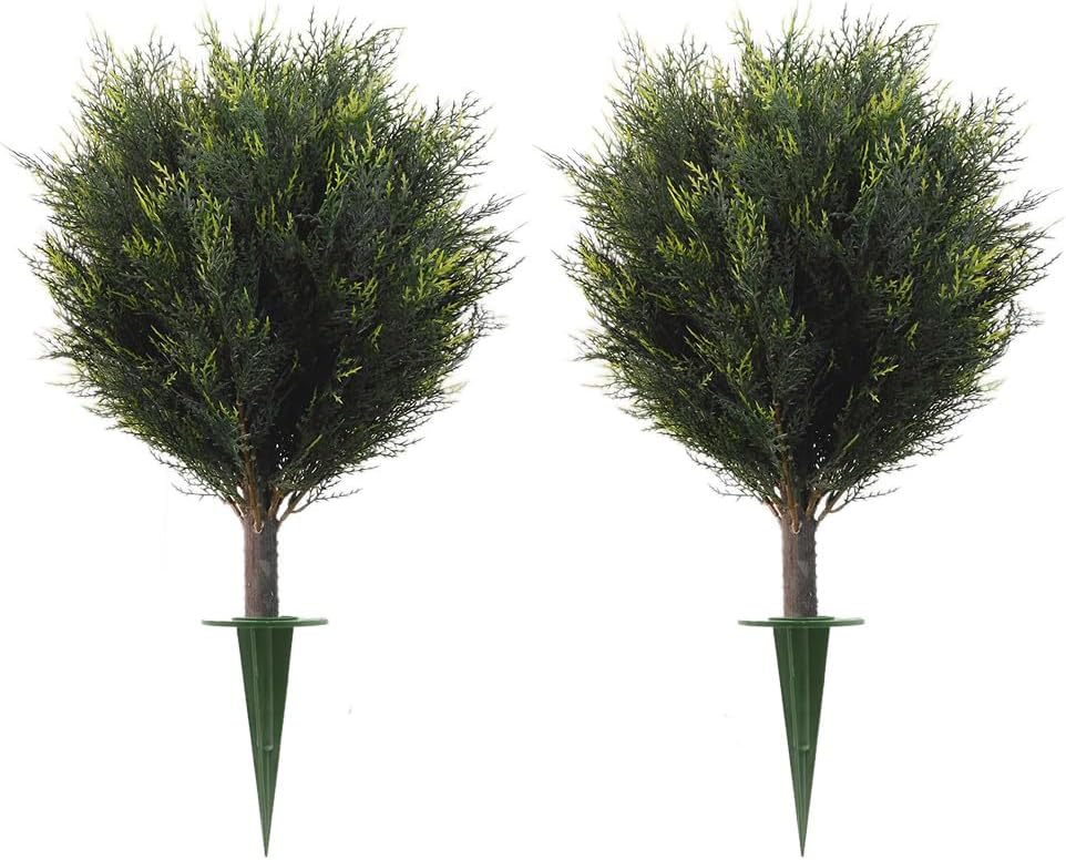 Artificial Plants Outdoor Cedar Topiary Set of 2 with Spikes, Fake Shrubs Cypress Greenery, Uv Resistant Faux Bush Pine for Planters Front Doors Porch Decor