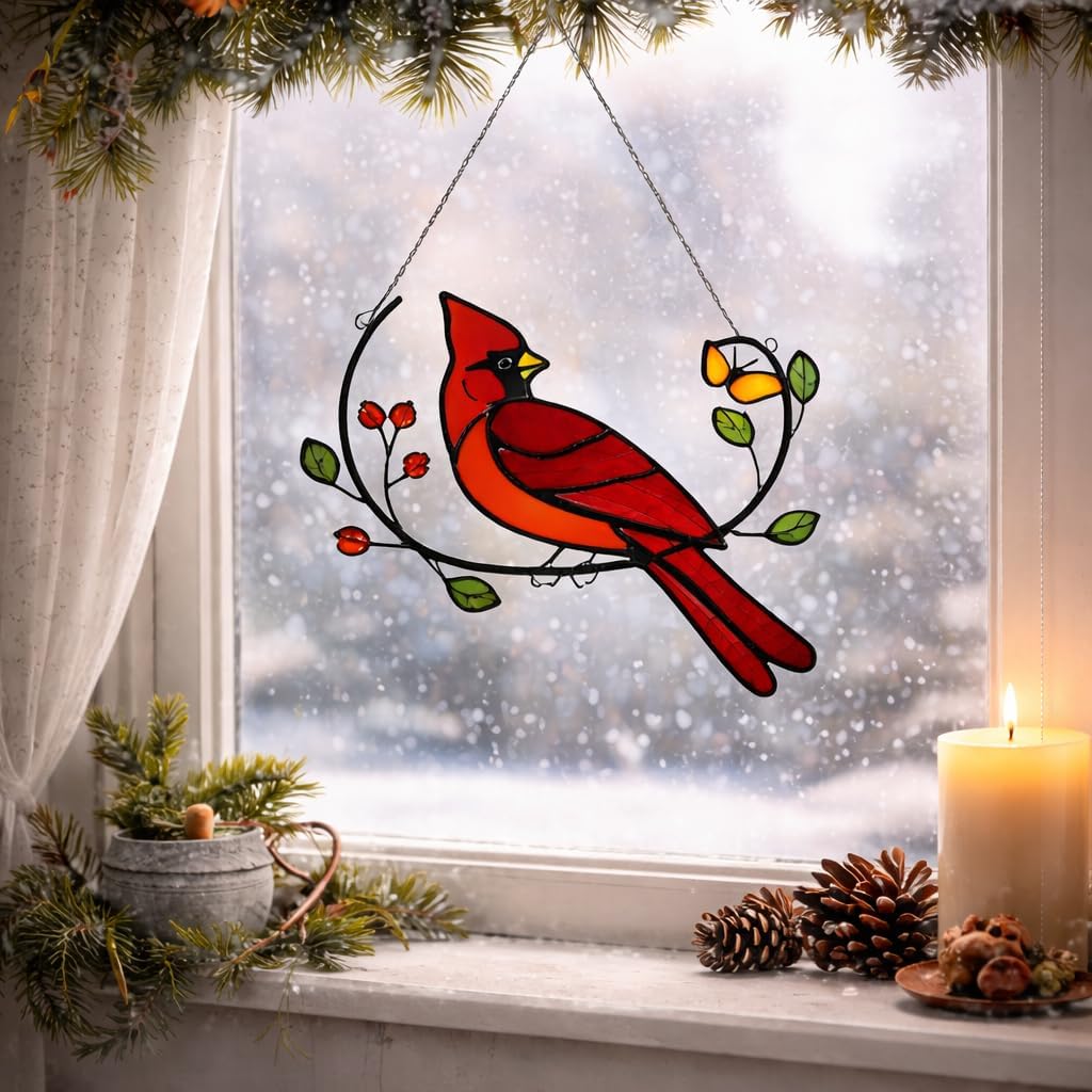 Glass Cardinal Bird Stained Glass Window Hanging Suncatcher Indoor Panel, Nautical Suncatcher Decor for Home, Wall, Garden, Coastal Ornament, Gift for Women and Mom