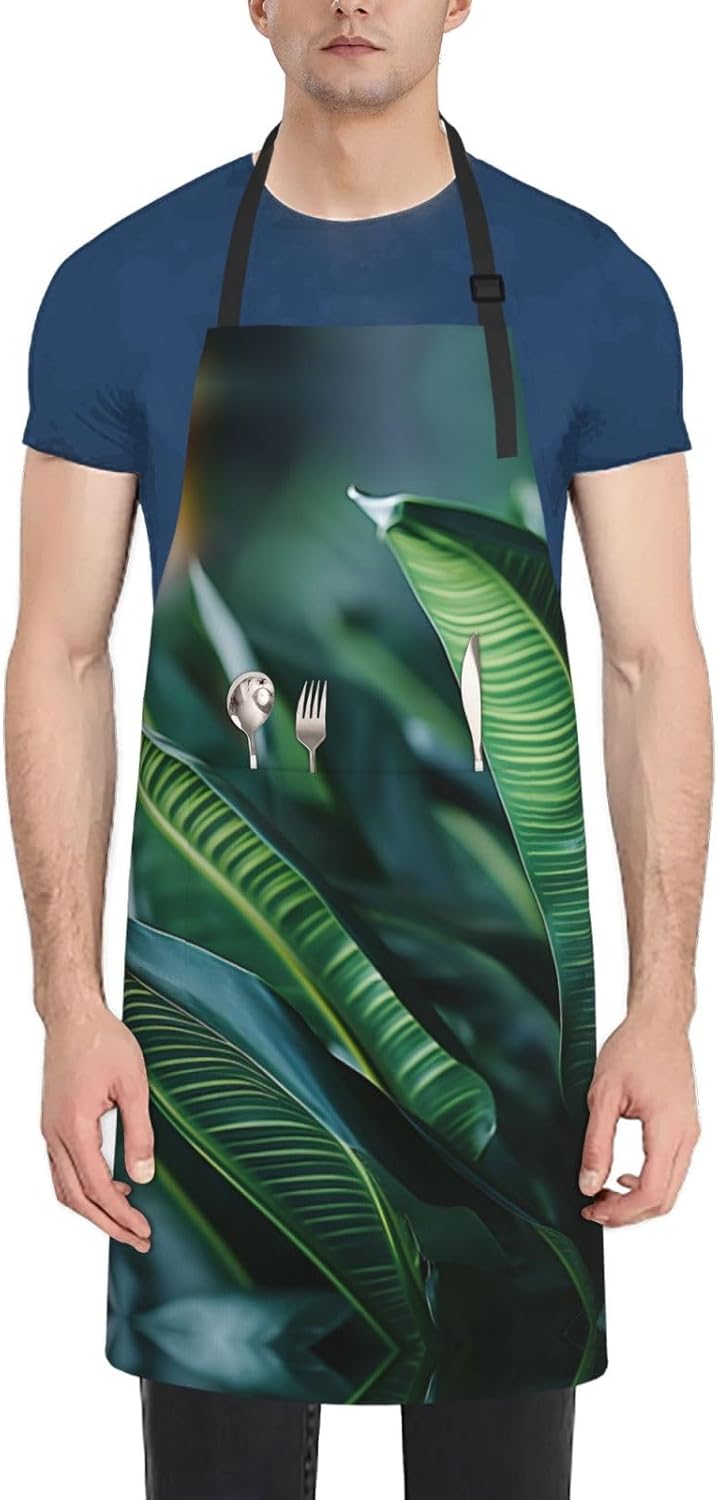Tropical Palm Leaf print Waterproof apron with pocket adjustable cooking apron for adult kitchen bibs to bake