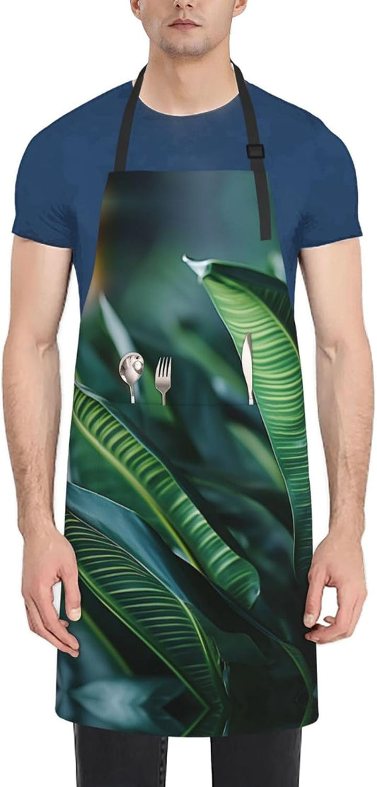 Tropical Palm Leaf print Waterproof apron with pocket adjustable cooking apron for adult kitchen bibs to bake