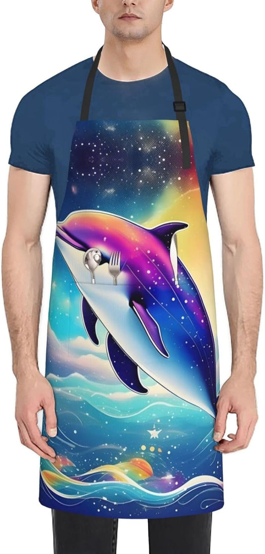 Colorful Starry Sky Ocean Dolphin print Waterproof chef's apron with pocket apron for kitchen cooking baking barbecue and gardening