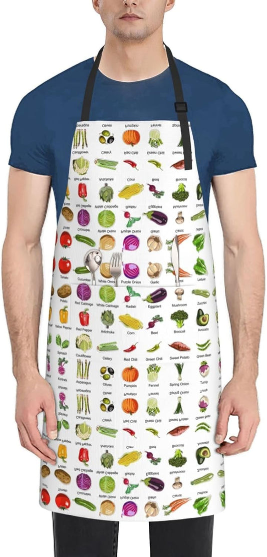 Introduction of various vegetables print Waterproof apron with pocket adjustable cooking apron for adult kitchen bibs to bake