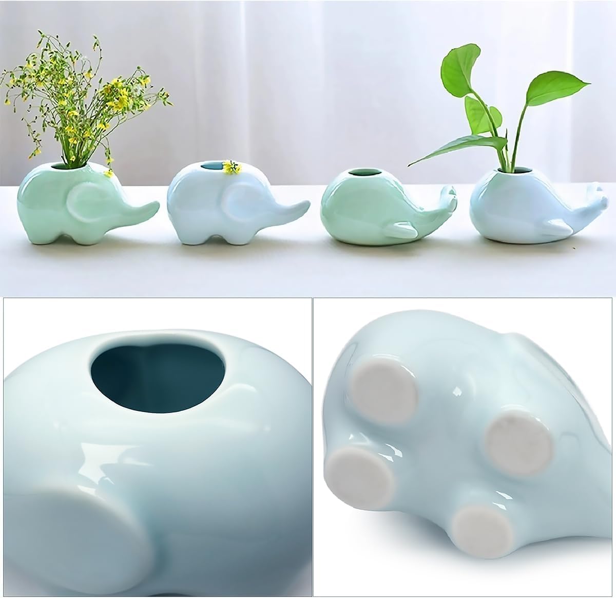 GeLive Cute Elephant Pen Pencil Holder Ceramic Desk Fidget Decor Organizer Mini Hydroponic Vase Small Air Plant Pot Succulent Planter Tabletop Craft Ornament Light Greenish Blue