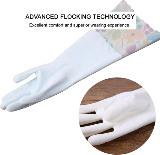 Bamllum 3 Pairs Rubber Cleaning Gloves, Household Kitchen Dishwashing Gloves with Cotton Flocked Liner, Long Cuff 16 Inches, Reusable, Non-Slip (Medium, Blue+Pink+White)