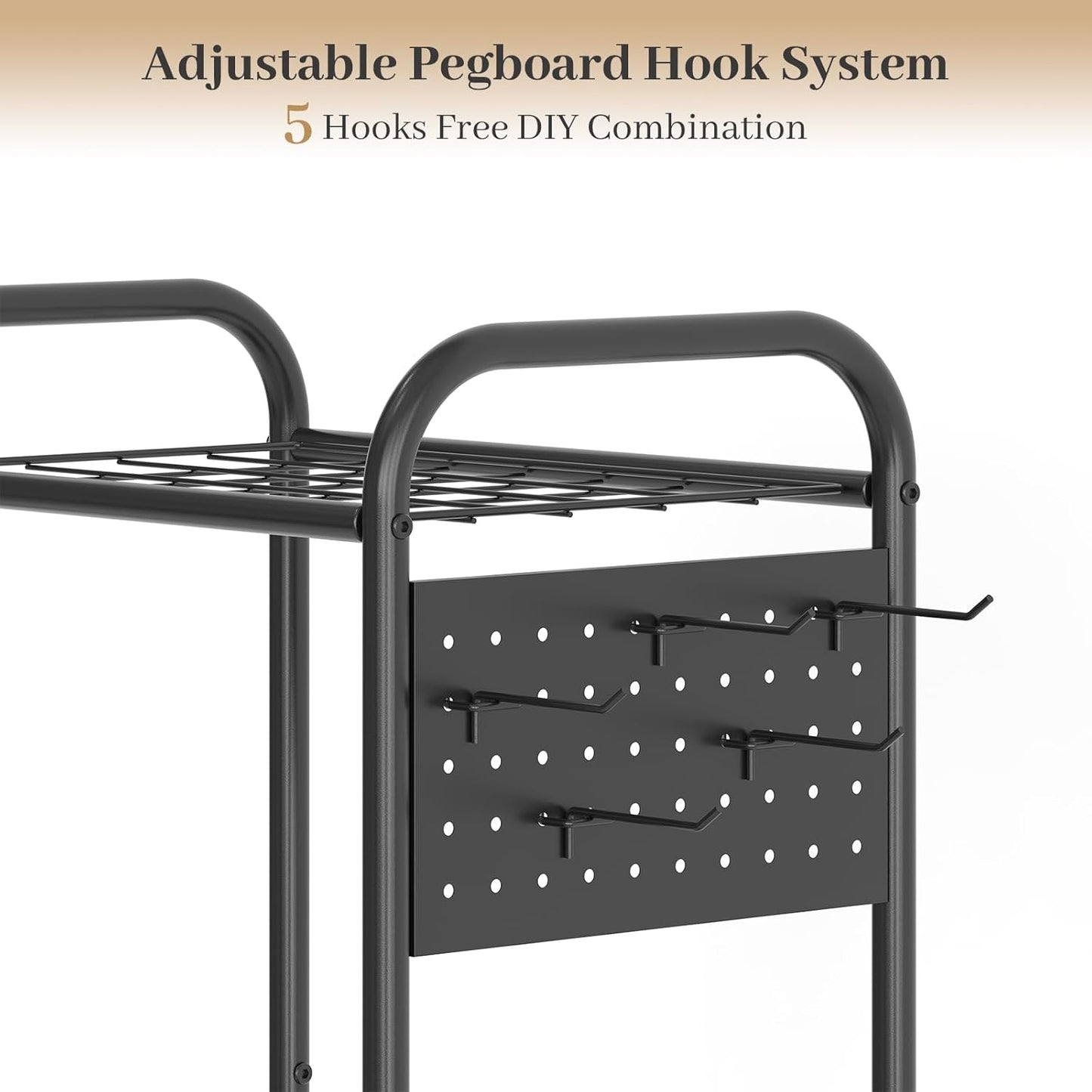 Garden Tool Organizer, Garage Tool Storage Rack, Heavy Duty Metal with Side Pegboard & Adjustable Hooks, Utility Racks for Shed, Patio & Outdoor Use