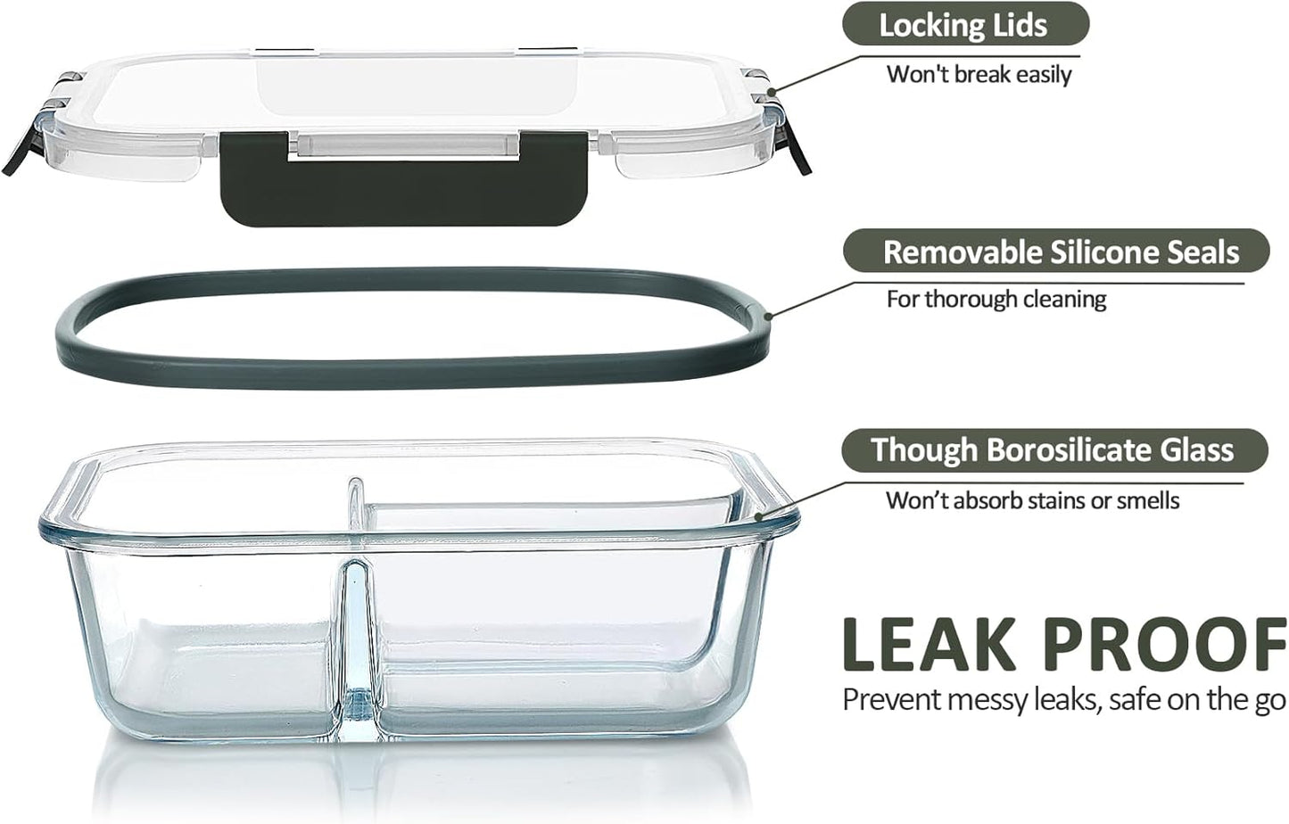 M MCIRCO [5-Pack, 36 oz] Glass Meal Prep Containers 3 Compartment with