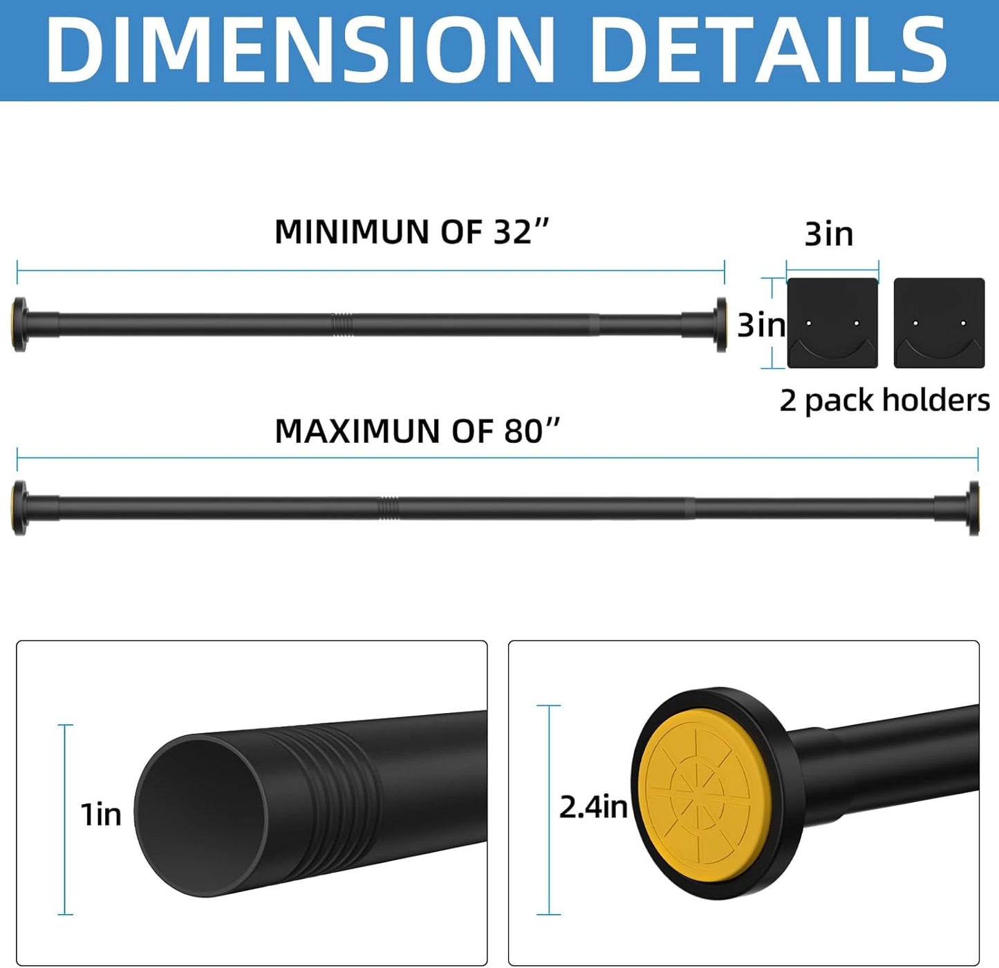Matte Black Shower Curtain Rod,1 Inch Diameter Stainless Steel Adjustable Spring Tension Rods 32 to 80",with Holders,Anti-Slip,Curtain Rods No Drilling(1 Pack)