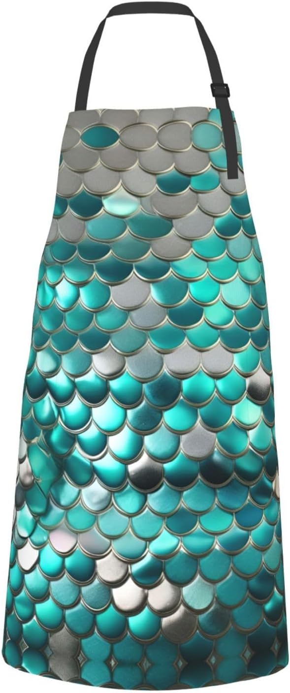 Mermaid Scale Print 28x33 In Adult Kitchen Apron with Pockets Versatile Chef Smock for Cooking Baking