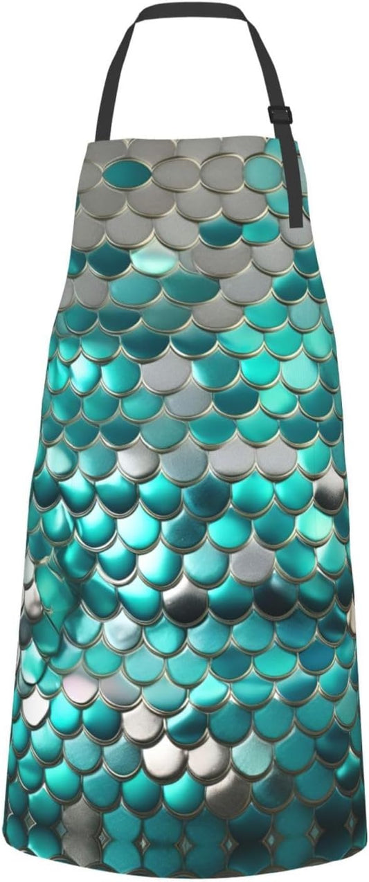 Mermaid Scale Print 28x33 In Adult Kitchen Apron with Pockets Versatile Chef Smock for Cooking Baking