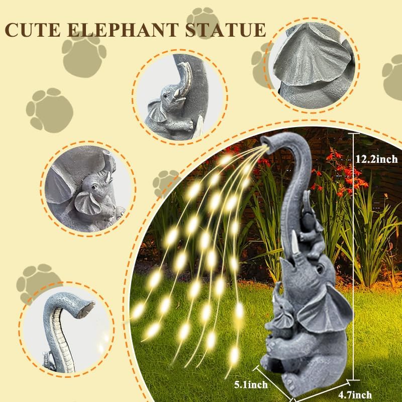 Outdoor Garden Solar Lights Statues - Watering Elephant, Garden Decor Elephant Statue with LED Light, Lawn Decor for Patio, Balcony, Garden, Yard, Lawn, Chrismtas Birthday Gift for Mom Grandma