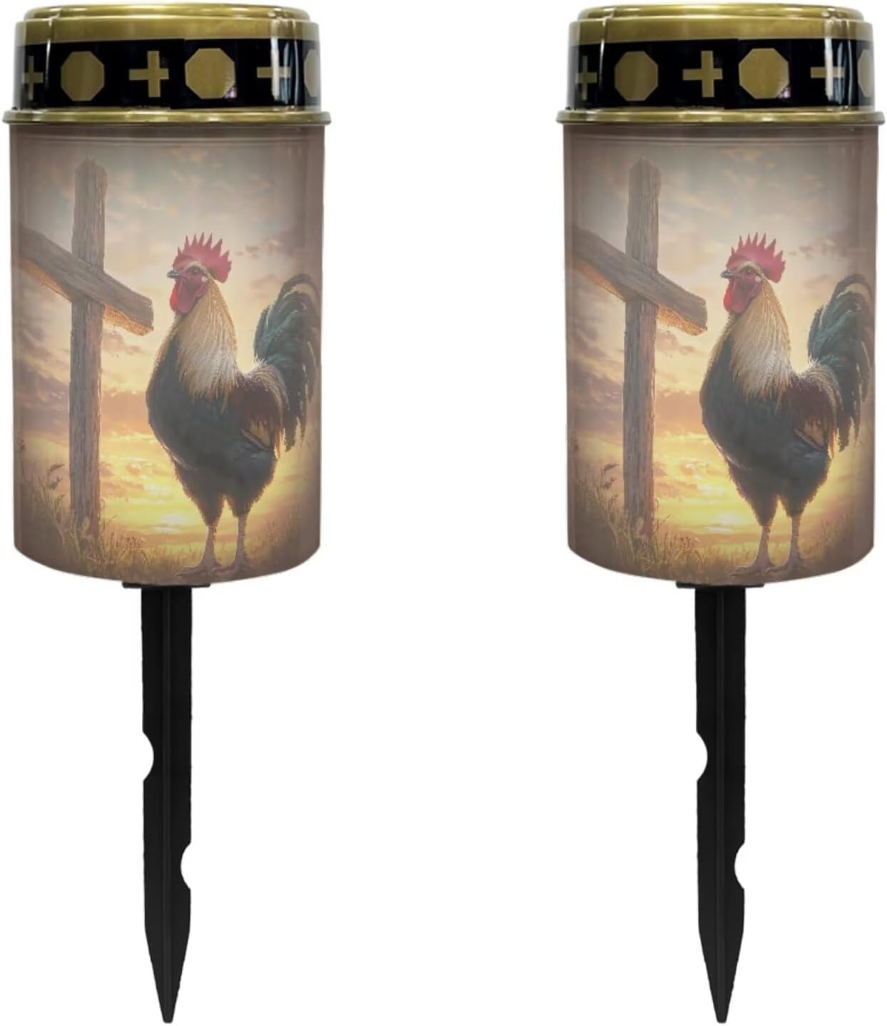Merkmak Set of 2 Cemetery Solar Lights for Grave Sunset Cross Chicken Pathway Lights Solar Powered Memorial Flameless Candle for Prayer Cemetery Decorations