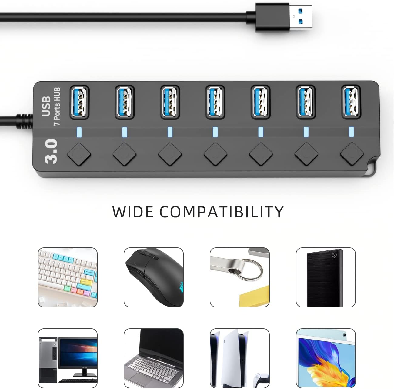 USB 3.0 Hub, PANPEO 7-Port USB Data Hub Splitter with 3ft Long Cable U