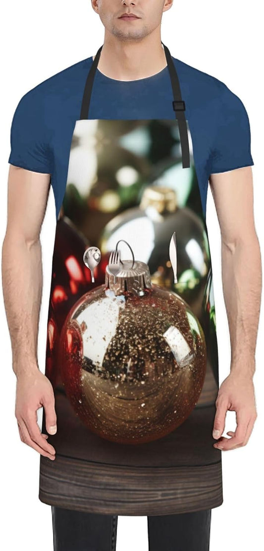 Merry Christmas Ball print Waterproof apron with pocket adjustable coo