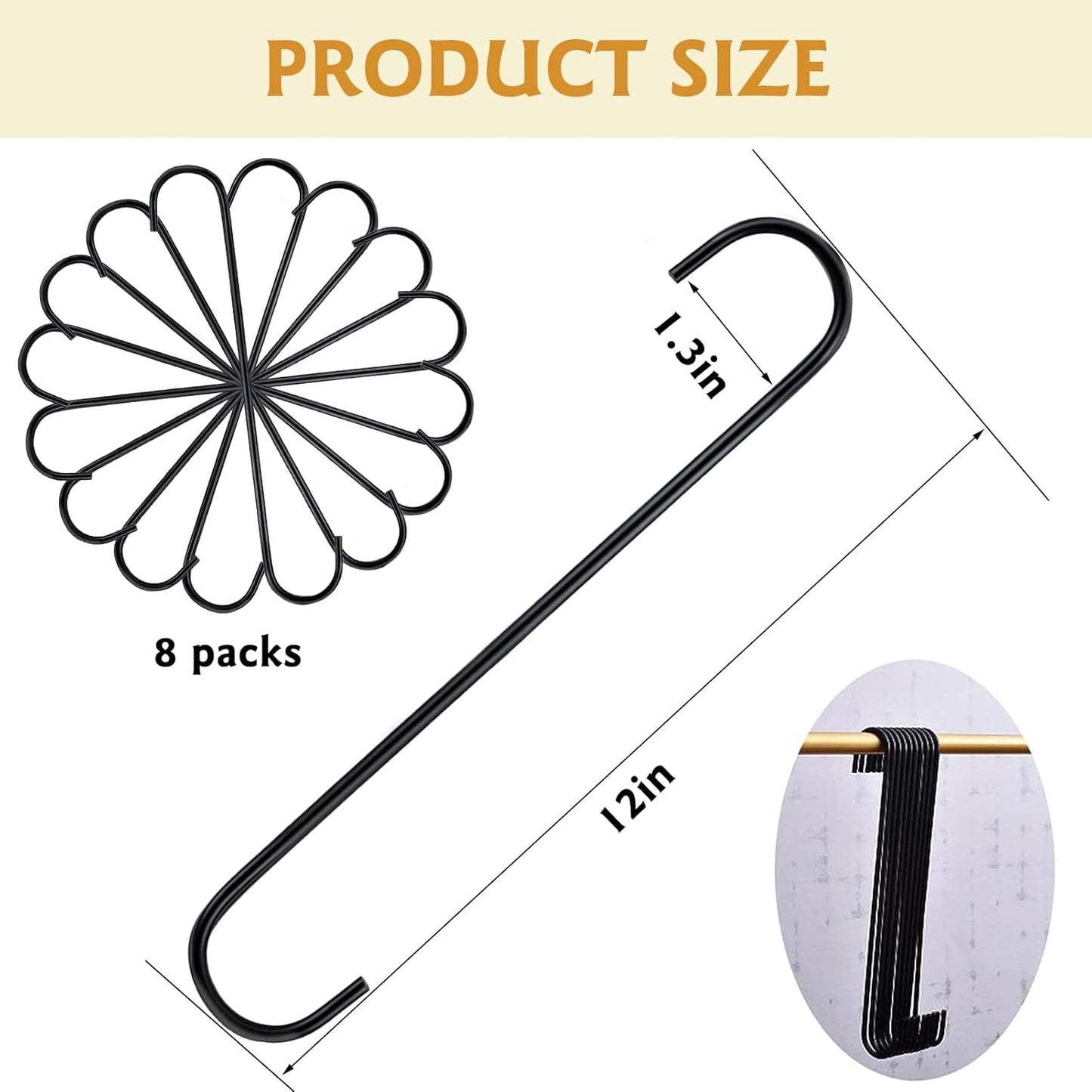 8 Pack S Hooks Heavy Duty 12 Inch Large S Shape Hooks for Hanging Plant Pots and Pans Steel Metal Hanger Hook Black Long S-Hook for Hanging Clothes, Plants, bird feeders, Garden Indoor Outdoor