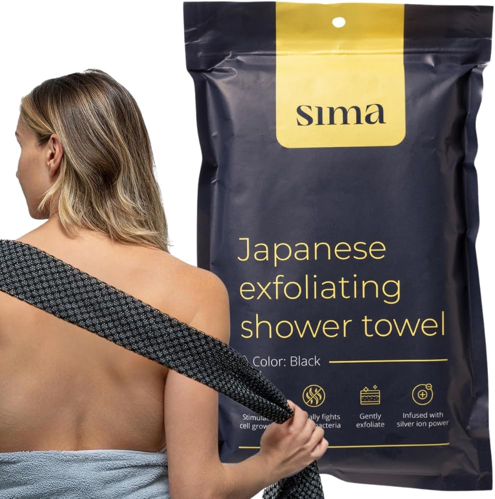 Exfoliating Washcloth Face & Body Scrub Towel - Japanese Exfoliating Towel with Hexagon Fibers, Body Scrubber with 2 Sides for Scrubbing & Washing, Extra Long Body Towels (Black)