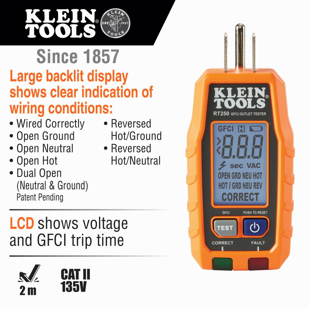 Klein Tools RT250 GFCI Outlet Tester with LCD Display, Electric Voltag