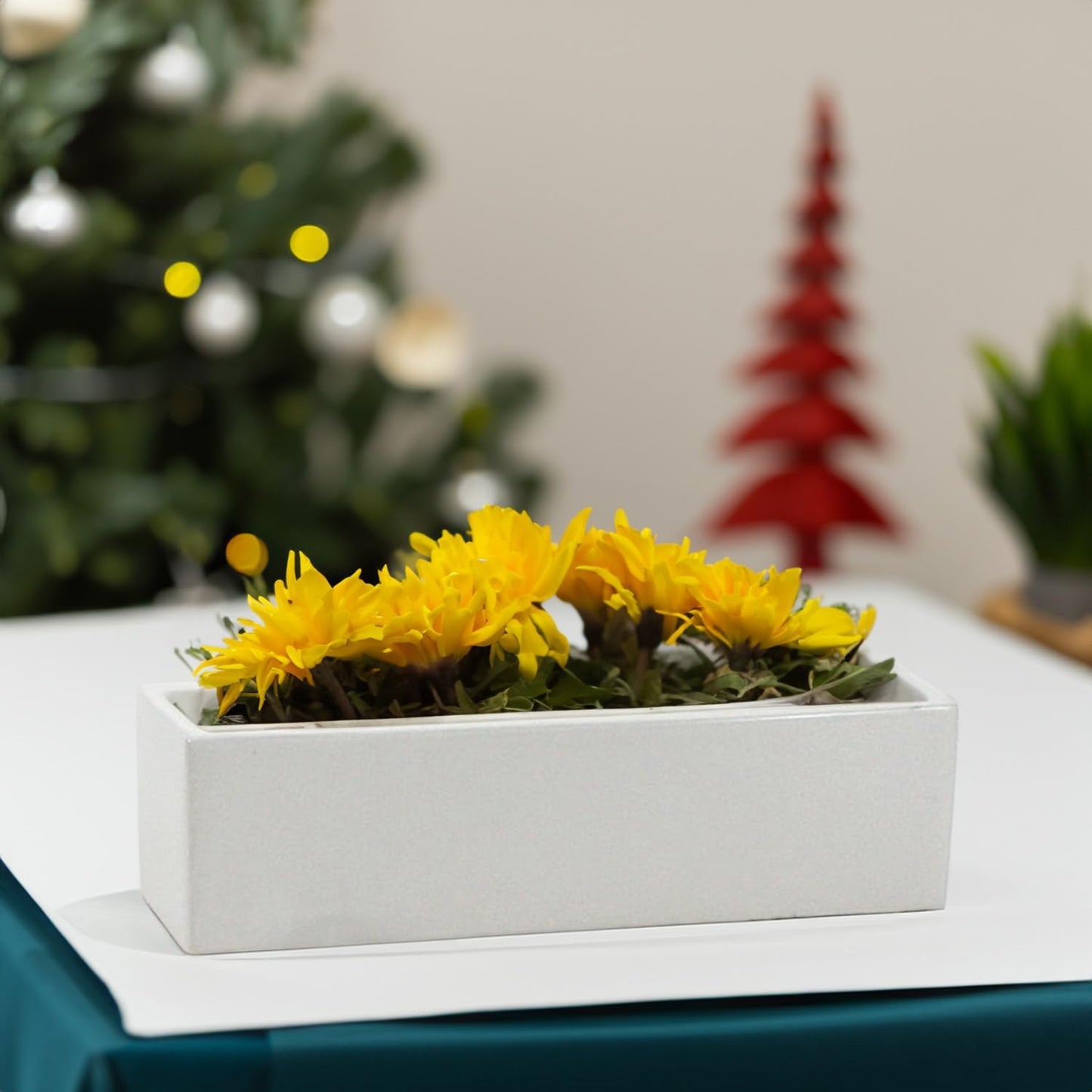 WGVI Long Rectangle Ceramic Planter Vase in White 14" x 4" x 4"H, Rectangular Box Block Terrarium Pot, Flower Arrangement, Tabletop Centerpiece, Home Decor Organization Storage Container, 1 Pc.