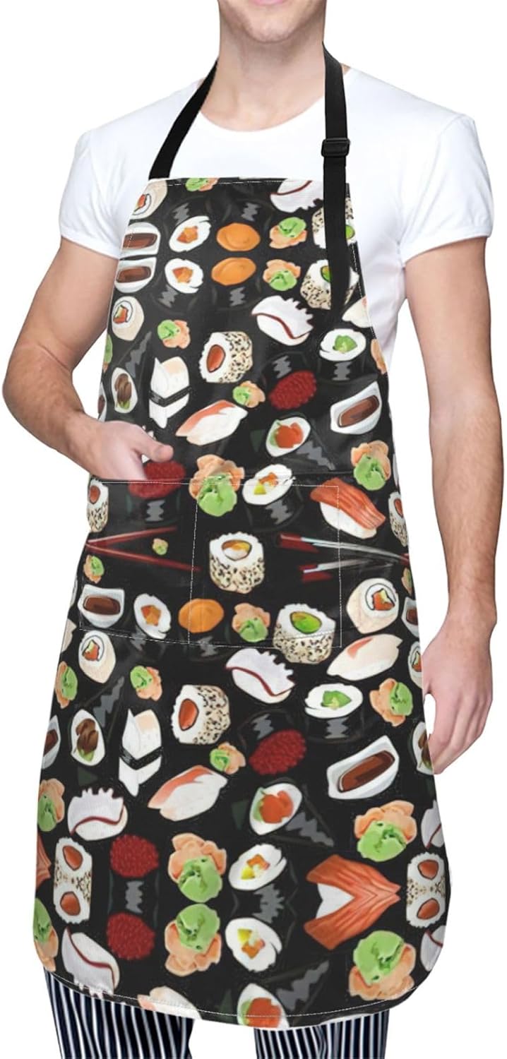 Japanese Sushi Black print Waterproof apron with pocket adjustable coo