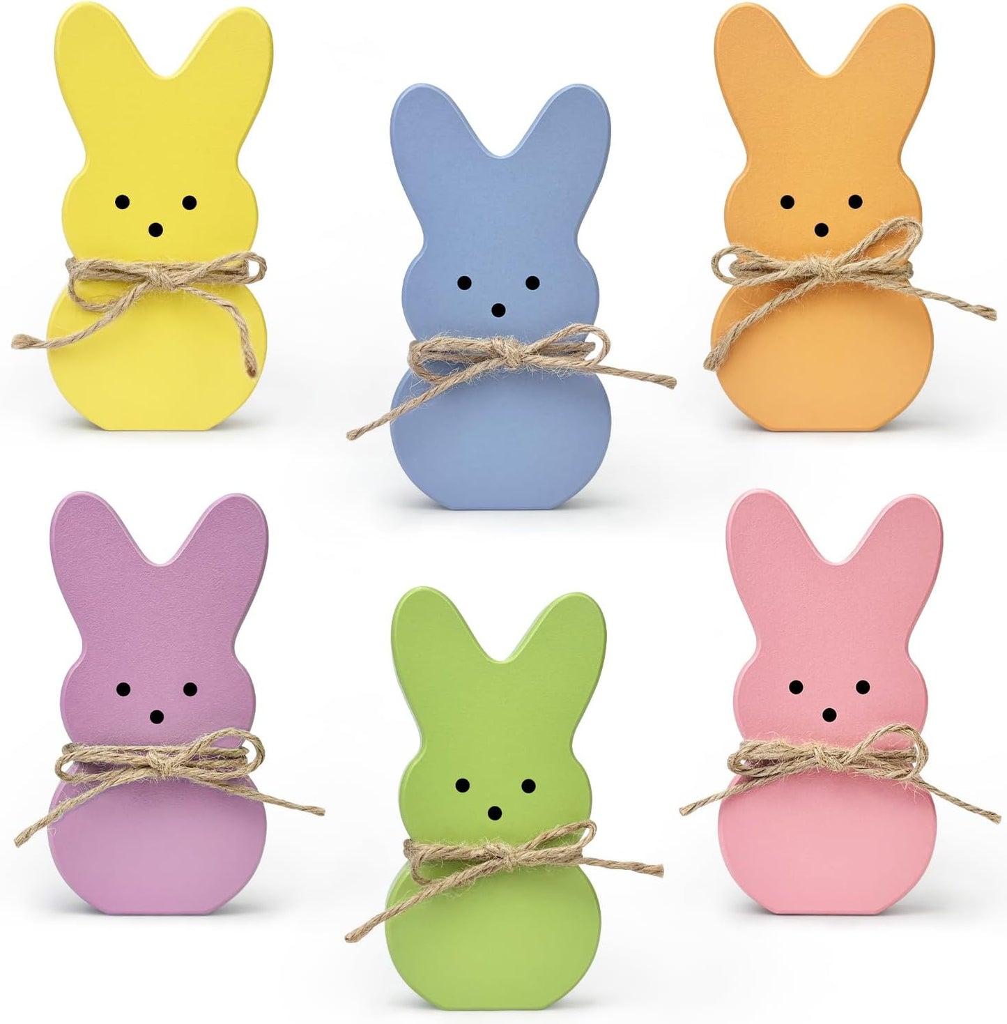 Easter Bunny Decorations for Home Table,6 PCS Spring Wooden Peeps Centerpiece Signs Decor with Hemp Rope for Indoor Office Tiered Tray,Easter Basket Stuffers Wood Gifts Stuff for Mantel Shelf Bathroom