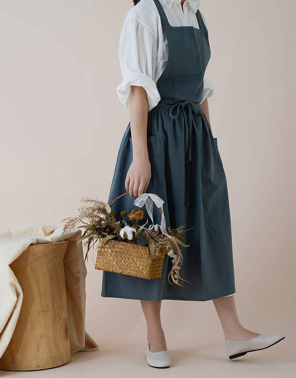 Cotton Pleated Apron Retro Waterdrop Proof Garden Cleaning Pinafore Dr