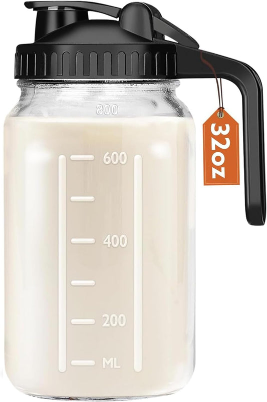 Breast Milk Pitcher, 32 OZ Mason Jar Pitcher with Lid Double Leak Proof,1 Quart Breastmilk Storage Containers for Fridge, Glass Jug for Sun Tea, Juice, Cold Brew Coffee