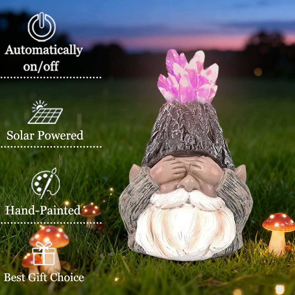 Solar Gnome Statue Decor with LED Solar Light, Handcrafted Resin Garden Amethyst Crystal Gnome Lamp Figurine for Yard Porch Home Decor for Gardeners & Garden Aesthetic Lovers