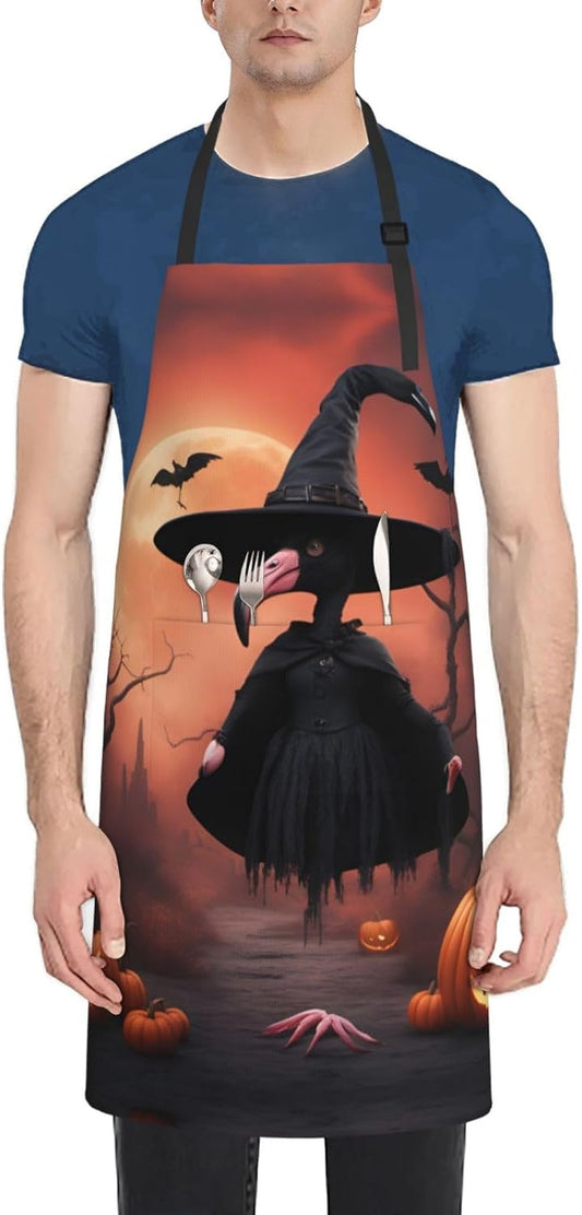 Halloween Flamingo Witch Hat print Waterproof chef's apron with pocket apron for kitchen cooking baking barbecue and gardening