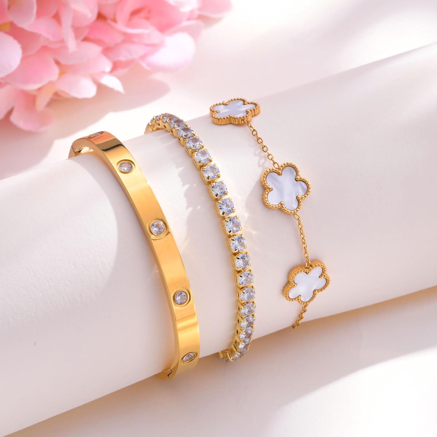 Womens Stackable Floral Gold Bracelets - 3Pcs 18K Gold Plated Bracelet