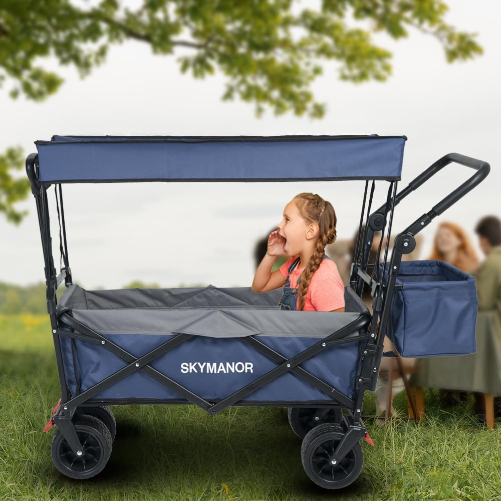 SKYMANOR Collapsible Wagon with Removable Canopy, 3-in-1 Heavy Duty Ga