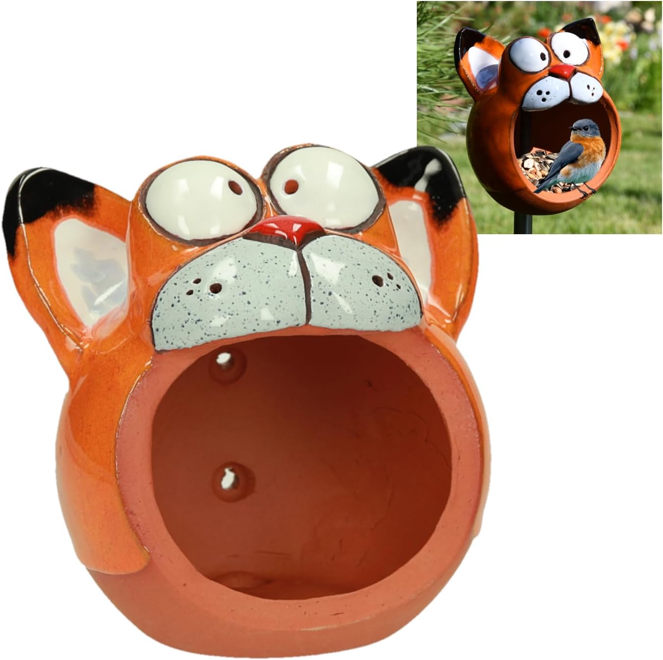 Funny Bird Feeder Cat Garden Stake Yard Art Garden Art Handmade Ceramic Garden Decor Lawn Stake Funny Cat Ceramic Bird Feeder Midene