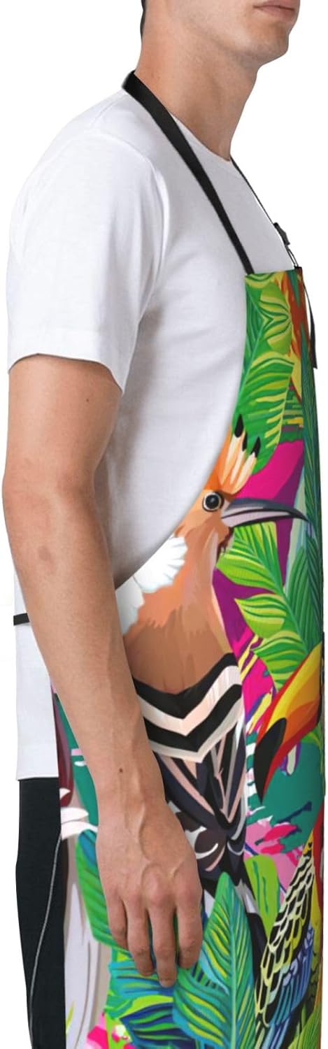 Tropical Birds and Plant Leaf Print Laundry apron 28x33 In Waterproof Kitchen Apron with Pockets for Cooking Baking