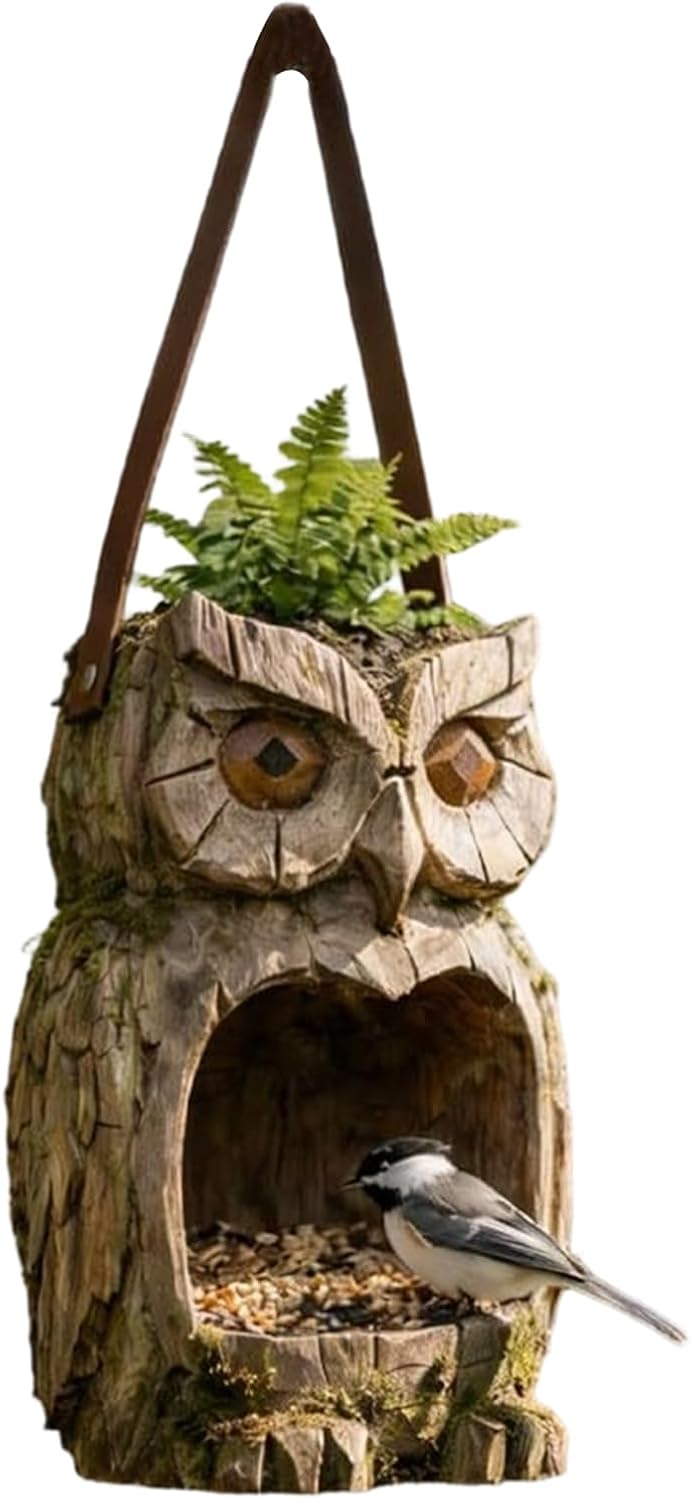 Owl Shaped Bird Feeder - Resin Owl Statue, Sparrow Feeding Station for Displaying, Premium Quality Garden Set, Sculpting Tool with Weather-Resistant Coating, Versatile Outdoor Aid for Nourishing