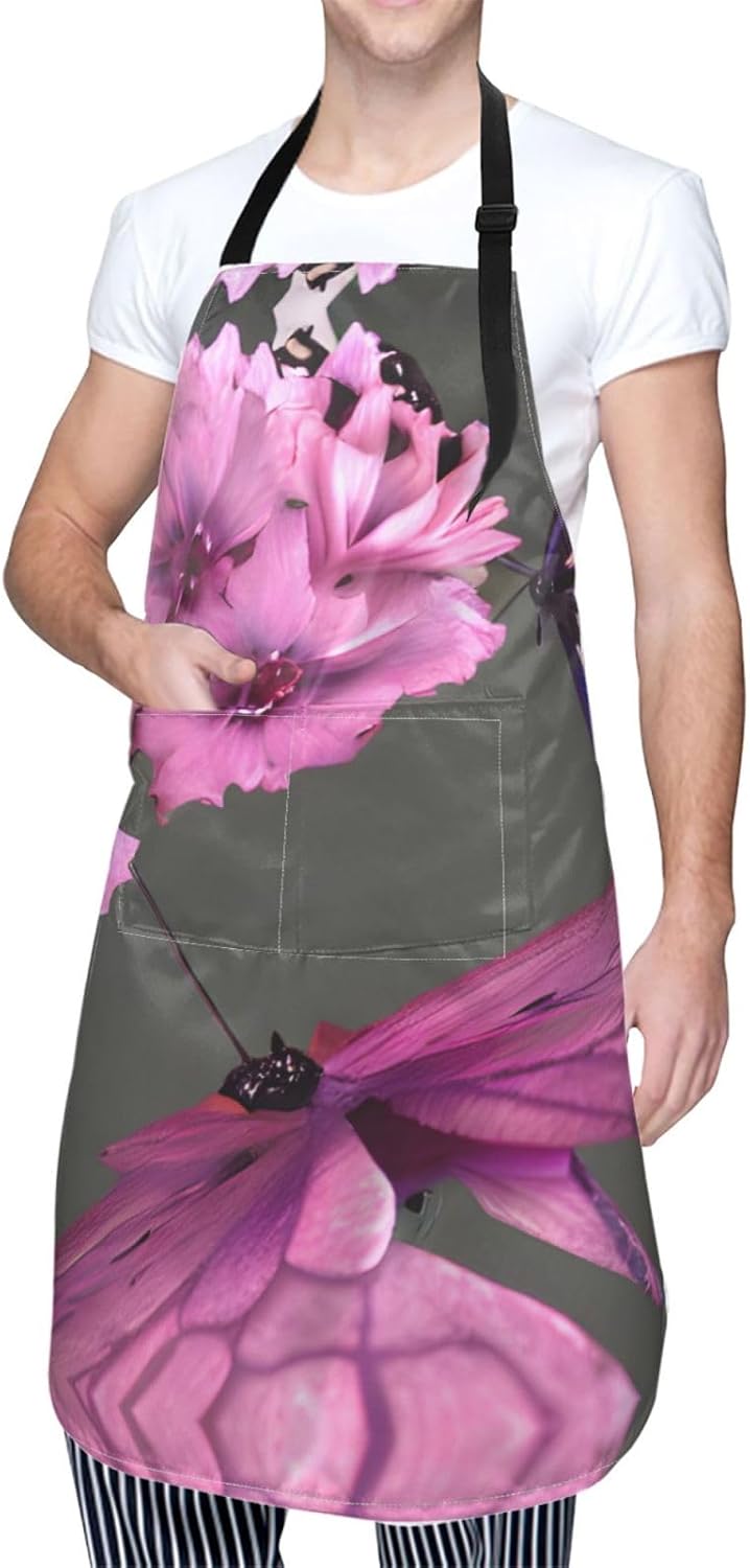 Butterflies Flowers print Waterproof chef's apron with pocket apron for kitchen cooking baking barbecue and gardening