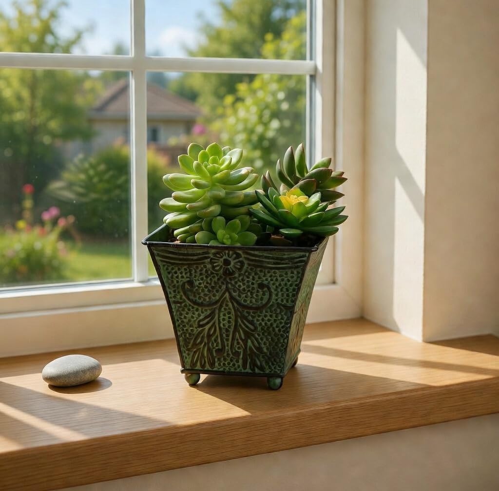 Hosley Set of 4 Green Patina Embossed Metal Planters with Ornate Flora