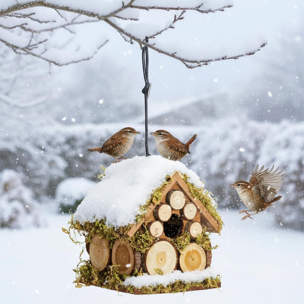 Spring Wren Bird House for Outside - Hard Wood Bird HouseNest Box for Outdoor - Moss Bird House with Cedar Rings- Gifts for Nature Lovers - Pole Mountable Bird House - 1.125" Entrance
