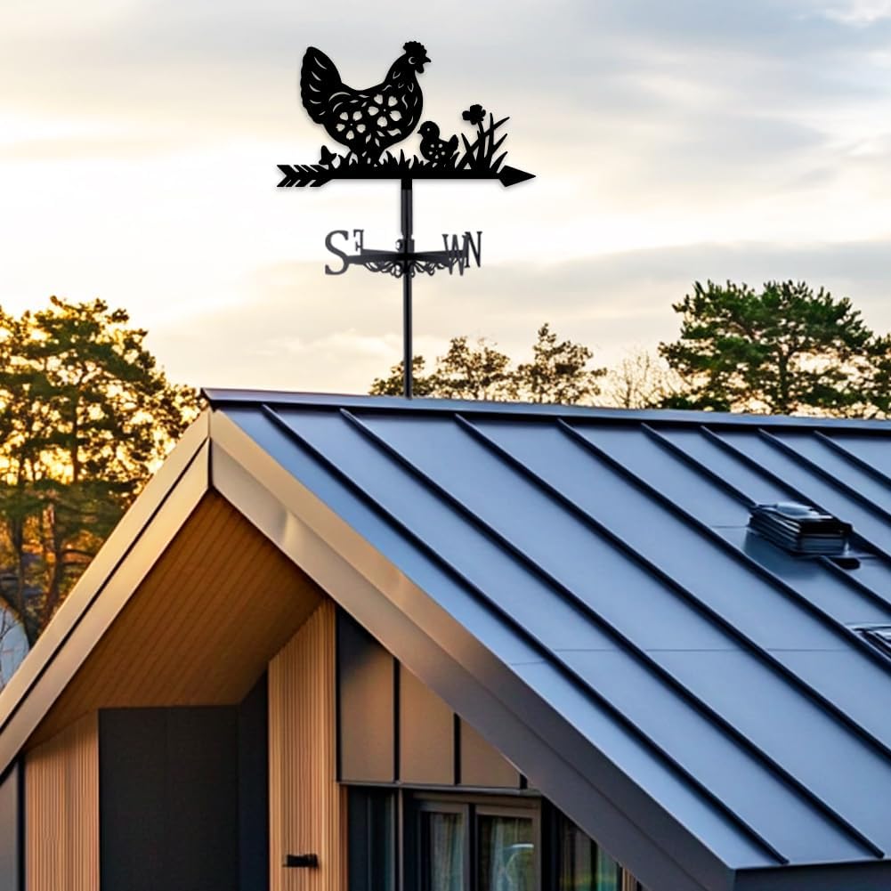 Hen Weathervane Metal Wind Vane Flower Chicks Animal Garden Decoration Direction Indicator Stake Mount Ornament for Farmhouse Yard Roof Outdoor