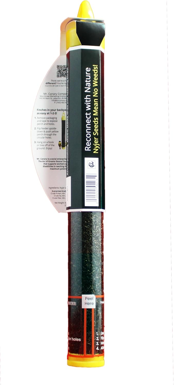 Mr. Canary Finch Tube Feeders, 4ct, Filled with 8oz Nyjer Seed, Bird Feeders Made in America by Workers with Disabilities, Feeds Finches, Chickadees,