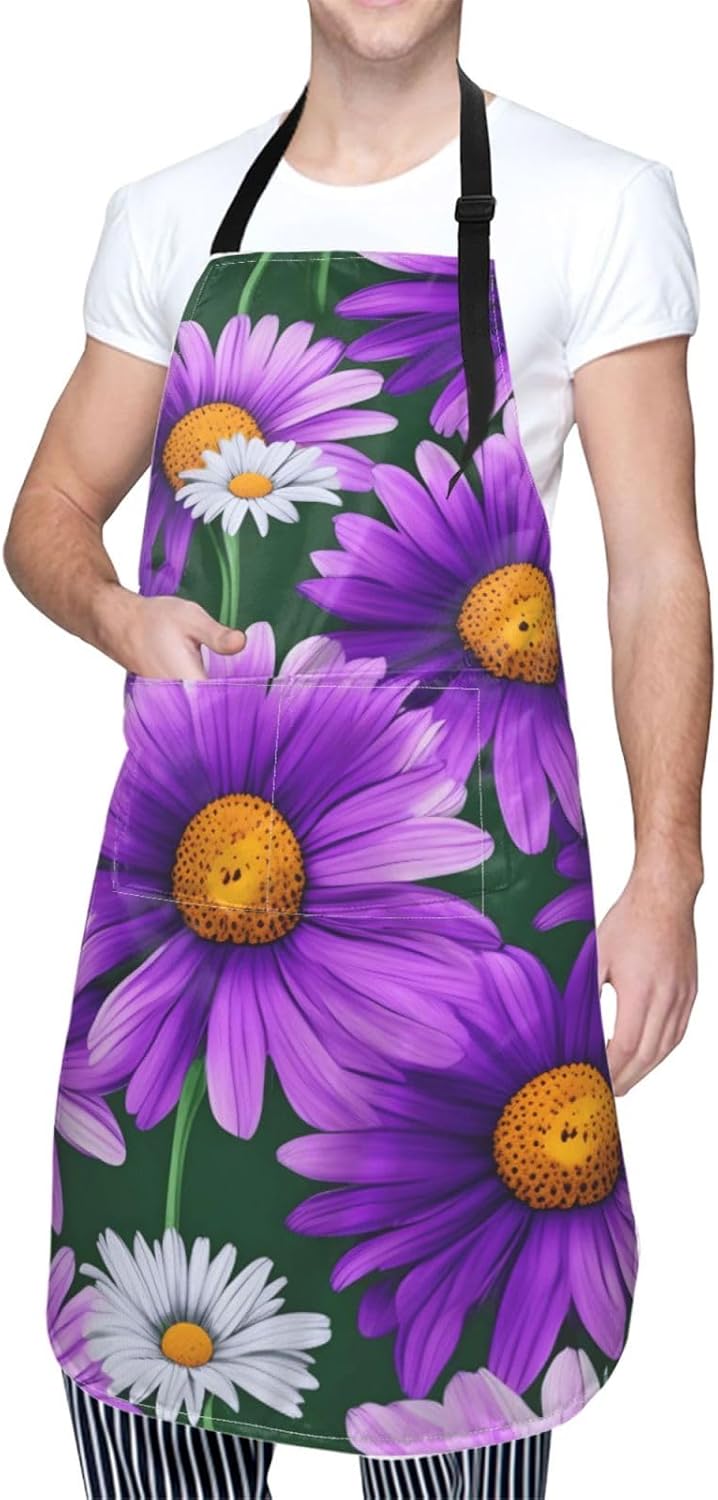 YANYU Purple Daisy Print 28x33 In Kitchen Apron Stylish Chef Apron wit