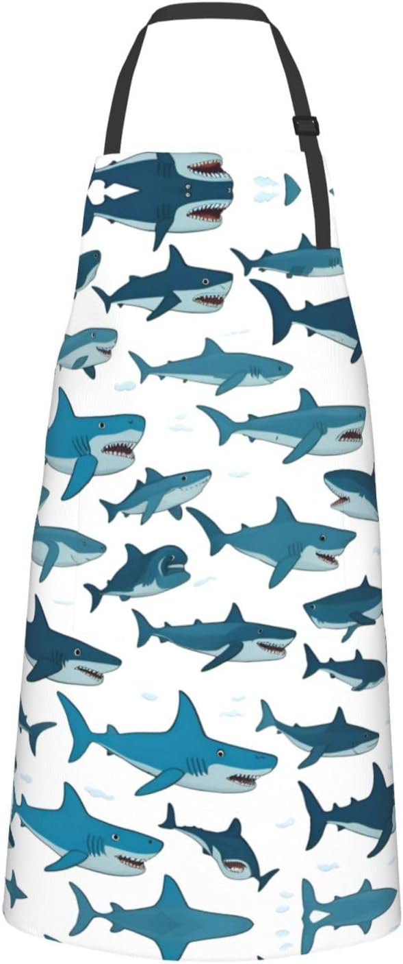 Shark Pattern with Various Gestures print Waterproof chef's apron with pocket apron for kitchen cooking baking barbecue and gardening