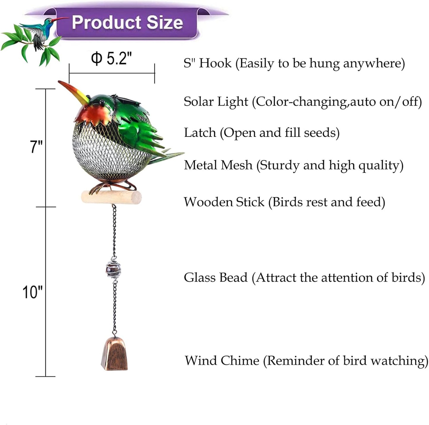 Solar Wild Bird Feeder Squirrel Proof for Outside - Unique Cute Metal Animal Shaped Bird Feeder with Solar Light, Wind Chime, Gift for Bird Lovers(Hummingbird)