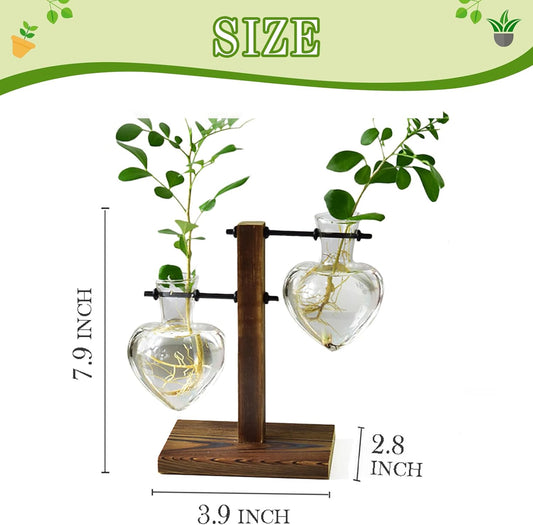XXXFLOWER Plant Terrarium Wooden Stand, Hydroponic Planter Bulb Glass Metal Swivel Holder Retro Air Plants Water Plants for Home Office Decoration,Gifts for Plant Lover Wife Mom- 2 Love Bulb Vase