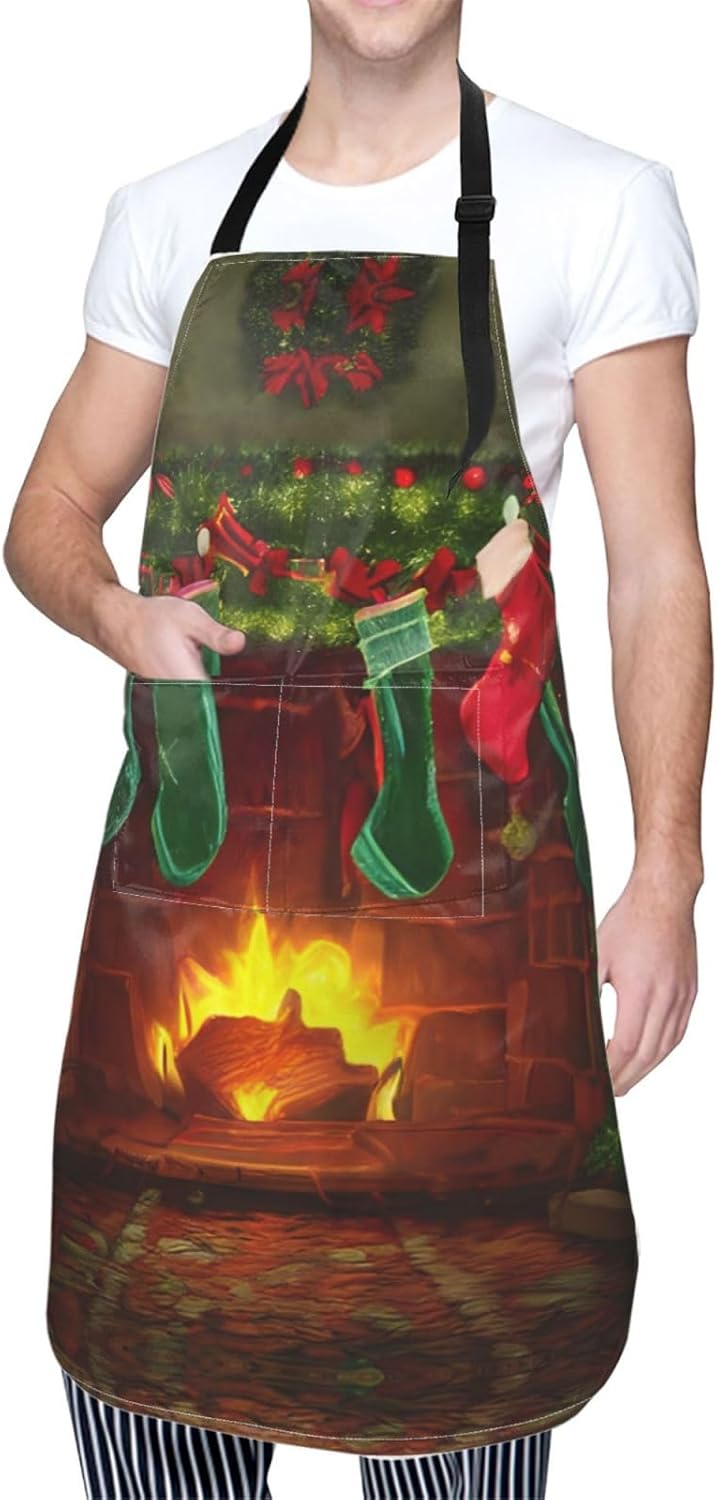 merry christmas print Waterproof chef's apron with pocket apron for kitchen cooking baking barbecue and gardening