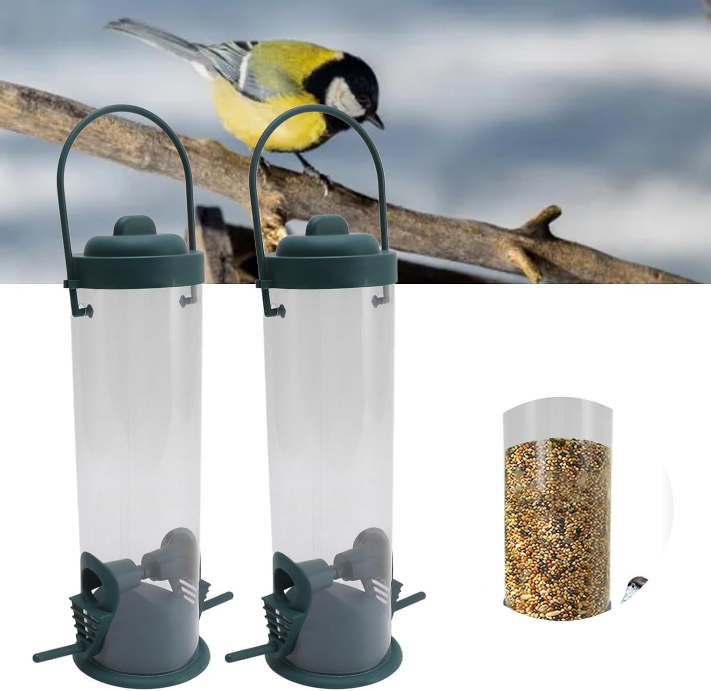 FLEXMAN 2 Set Bird Tube Feeder, 6.5cm Wide Opening Plastic Transparent Hanging Finch Feeder, Garden Decoration with 2 Vents 2 Ports for Outdoor