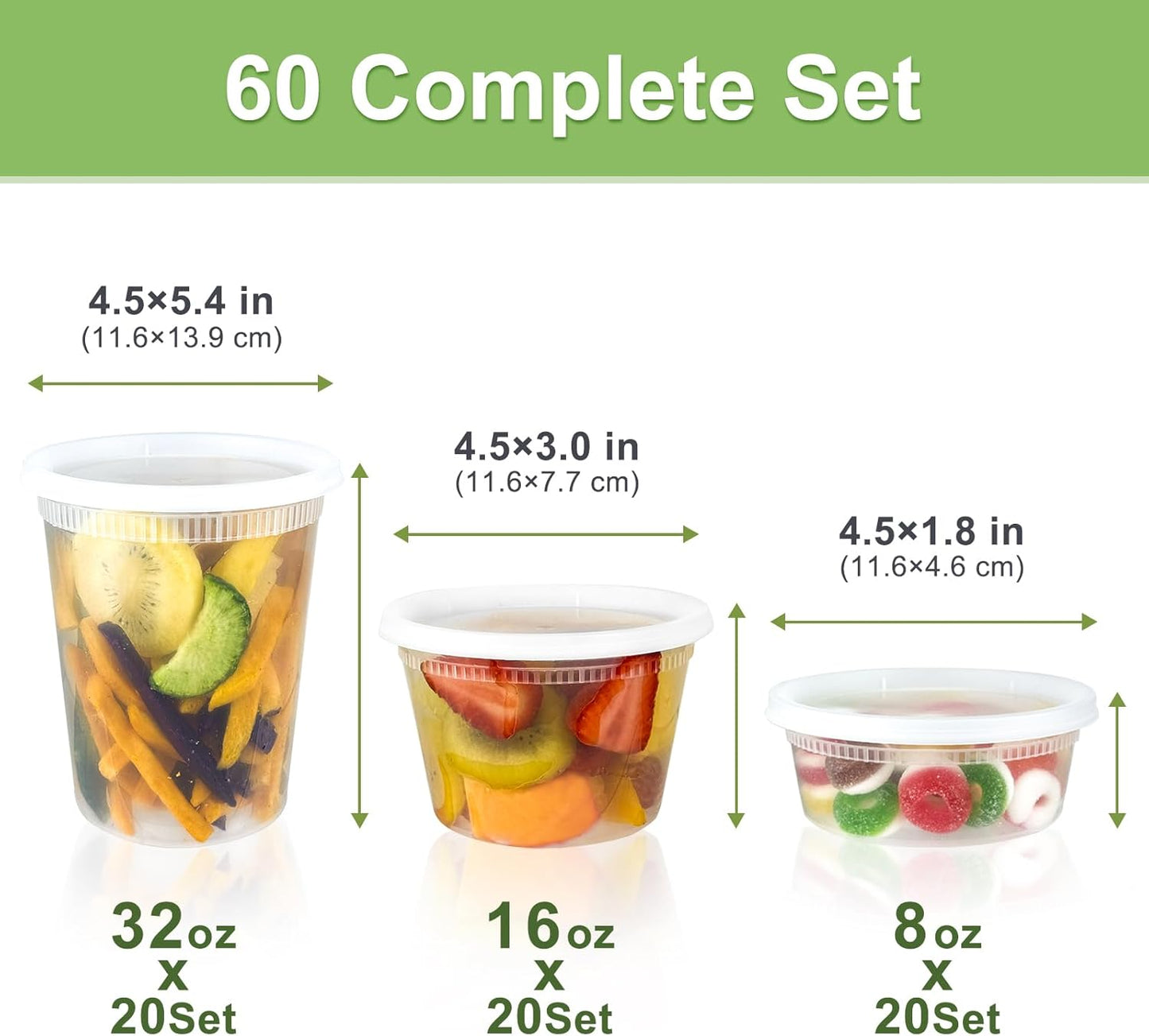 60 Sets (120-Piece) Deli Containers with Lids, 32/16/8 oz X 20 Set Eac