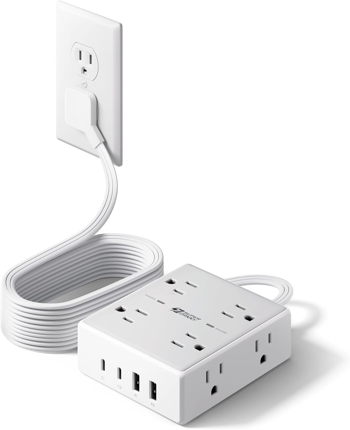 10Ft Extension Cord with Multiple Outlets, Flat Plug Surge Protector P