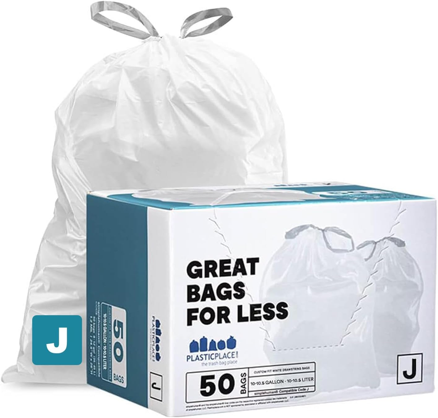 Plasticplace Custom Fit Trash Bags Compatible with Simplehuman Code J 50 Count White Drawstring Garbage Liners 10-10.5 Gallon 21"x28" Tear-Resistant LLDPE Bags for Kitchen Bathroom & Office